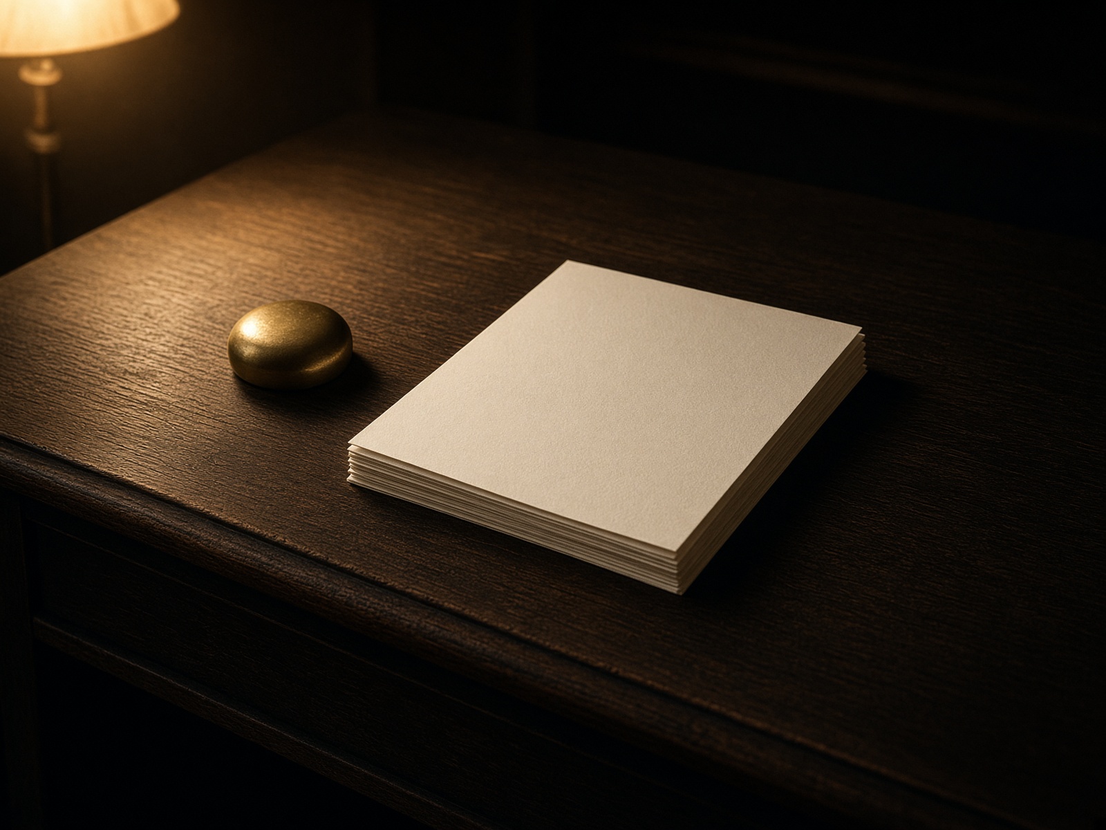 Stapel Papier auf einem dunklen Tisch, eine Lampe.